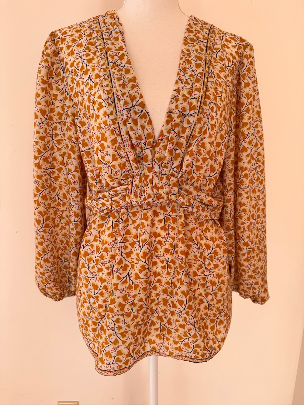 Max Studio Mustard Floral V-Neck Long Sleeve Blouse